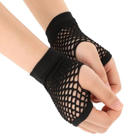 Black Nylon Fingerless Fishnet Gloves - Women's 80s Short Stretch Mesh Gloves - Halloween Costume Accessories