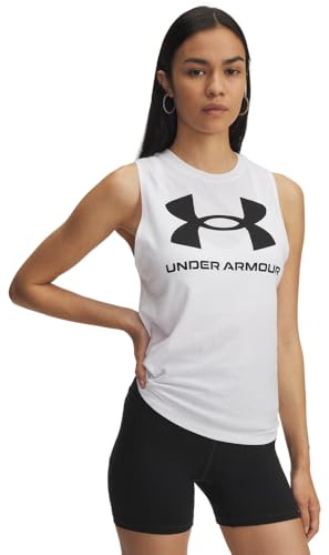 Under Armour Damen Logo Tank, superweiches Sport Tank Top aus Baumwollmix, Komfortables Damen Sporttop,White / / Black,LG