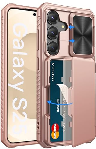 Vihibii for Samsung Galaxy S25 Case with Card Holder (4 Cards), [RFID Blocking] & Slide Camera Cover, Military Grade Drop Protection, Rugged Silicone Wallet Case for Samsung Galaxy S25 6.2, Rose Gold