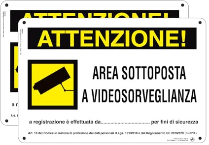 Cartello AAttenzione Area videosorvegliata da. Avviso - 30x20cm 100% Made in Italy - 2 Pz Plastica Resistente UV Impermeabile