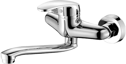 GAOUTO Grifo de pared de acero inoxidable giratorio 360°, brazo giratorio de 25 cm, grifo de cocina, mezclador monomando frío y caliente