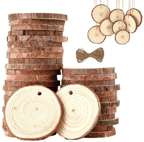 30 Stück Holzscheiben 9-10CM Baumstamm Deko Kleine Baumscheiben mit Rinde und Loch Holzscheiben zum Basteln für DIY, Basteln, Hochzeit, Weihnachten Dekoration, Dicke 1 cm