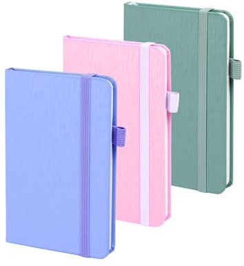 ONAVIA A6 Petit Cahier Journal, Lot de 3 Carnets à Couverture Rigide, 160 Pages Lignées à 6.5mm avec Fermeture Élastique, Format de Poche pour Travail, École, Voyages, 8.9 x 14.5 cm(Bleuet+Rose+Verte)