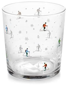 H&H Set 3 Bicchieri Retro Skiers, 35 cl, in Vetro Trasparente Decorato con Sciatori, Lavabili in Lavastoviglie, Idea Regalo per Sciatori e Amanti della Montagna