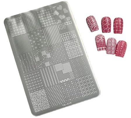 Plaque de tampon portable de 72 g pour nail art avec des motifs élégants de dentelle à carreaux Convient pour les voyages Outil de beauté convivial Grille de dentelle Pochoirs à ongles Outil