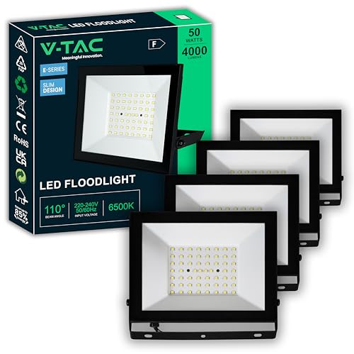 V-TAC 4x Fari LED da Esterno 50W - [ E-Series - Alte Perfomance, Bassi Consumi ] - Super Slim Design - 4000 Lumen - IP65 - Proiettore per Casa, Garage, Magazzino - Impermeabile - Luce Fredda 6500K