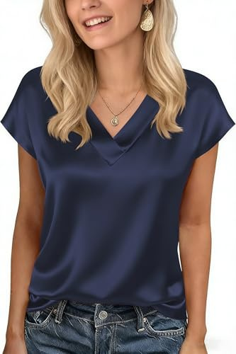 Xiaoliny Chemisier Satin Femme Été Haut Chic et Elegant Casual T-Shirt à Manches Courtes Col V Basiques Tops Couleur Unie Lâche Blouse Soie Chic Chemisiers de Travail Bureau Soirée