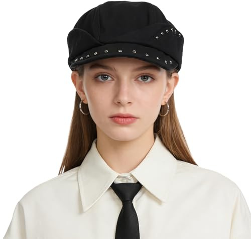 Casquette plate rétro à rivets - Avec visière - Design irrégulier - Newsboy Cabbie - Bonnet ballon - Béret - Chapeau d'été - Bonnet pour femme et fille, Noir , taille unique
