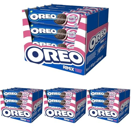 Oreo Remix Galletas de Cacao Rellenas de Crema Sabor Frambuesa y Vainilla 157g - Pack de 16 (Paquete de 4)
