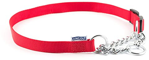 Ancol Heritage Nylon and Chain Check Dog Collar - Red Durable Training Accessory for Puppies and Dogs - 25-35cm Size 1-2