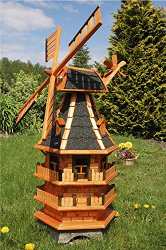 Windmühle 3 stöckig kugelgelagert 1,40m Bitum dunkel mit Beleuchtung Solar, Solarbeleuchtung, mit extra Windrad hinten am Kopf, imprägniert, Kugellager einstellbar