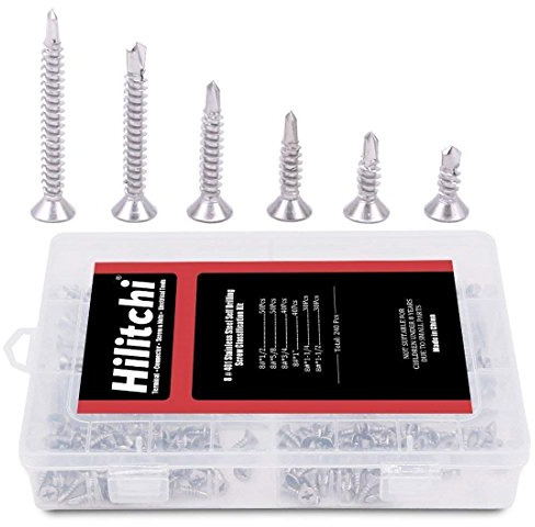 Hilitchi 240 Pcs 410 Stainless Steel Flat Head Phillips Self Drilling Screws Sheet Metal Tek Screws Assortment Kit, Modified Truss Head Self Driller - Size: #8 x 1/2 ~ #8 x 1-1/2 (Pack of 240)