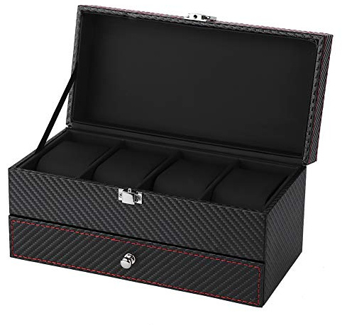 4+10 Caja de Relojes, Caja para Almacenamiento Relojes Viaje Caja de Fibra de Carbono Exhibición de la joyería Organizador, Cierre de Metal para Anillos Pulsera Collar caja para relojes