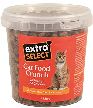Extra Select Adult Cat Food Crunch - Beef & Chicken, 1l | Complete crunchy dry food for adult cats with beef, poultry, whole peas and yucca schidigera in a resealable tub.
