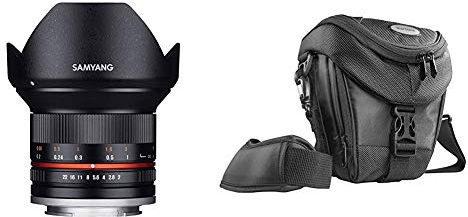 Samyang 12mm F2.0 Objektiv für Anschluss Sony E - schwarz + Mantona Colt DSLR Kamera Tasche für Spiegelreflex, SLR, Kompaktkamera, Systemkamera, wasserdicht, schwarz