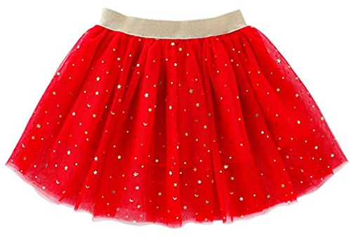 Toddlers Girls Sparkle Tulle Tutu Skirt with Sequins Stars Moon Sun (Red, 7-8years)
