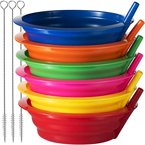 Cereal Bowls with Straws for Kids - (Set of 6 - 20-Ounce Bowls) BPA-Free Plastic Reusable Bowls with Built-In Straws for Kids & Toddlers, Dishwasher and Microwave Safe, With 3 Staw Cleaning Brushes