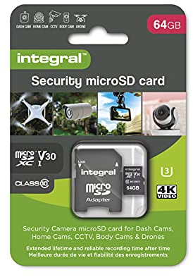 Integral tarjeta de seguridad Micro SD 64GB para dash-cams cámaras domésticas CCTV cámaras corporales y drones. Vida útil prolongada y grabación de confianza en todo momento de alta resistencia