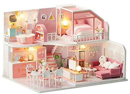 Zerodis DIY Miniatur Puppenhaus Kit, Handbuch Kreative Möbel Mädchen Rosa Loft Kunstwerk Haus für Kinder 14+