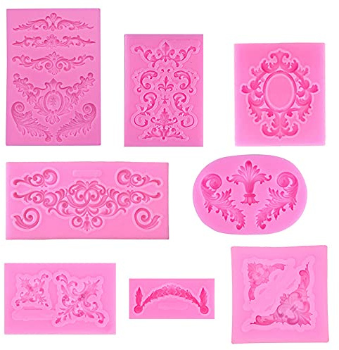 Zasvec Silikonform Barock 8 Stück Blumenrebe Form Silikonformen für Fondant Relief Spitze Dekoration Gießform Silikonfondant Kuchenform Silikonform Rahmen Pink für Decoration und Bastelprojekte
