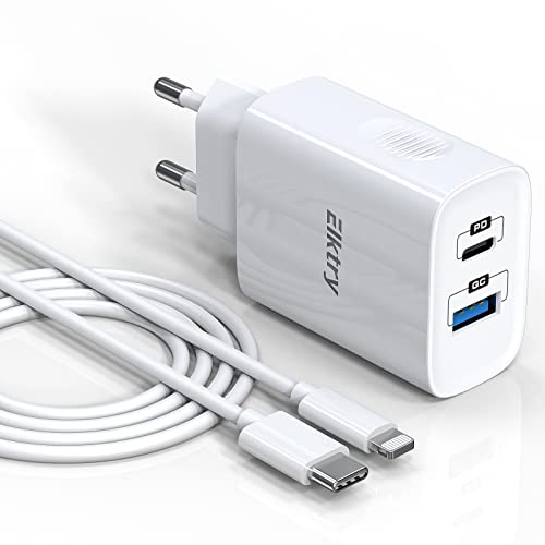 ELKTRY Chargeur Rapide iPhone 20W, avec Câble USB C vers Lightning de 2m | Certifié MFi - Avec bloc d'alimentation à 2 ports - Compatible avec iPhone 14 13 12 11 Pro Max Mini SE XR XS X iPad,iPad Air