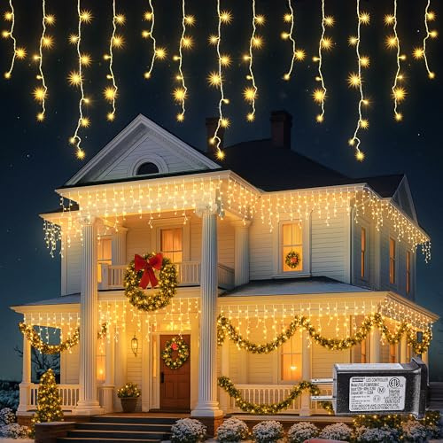 Hopolon 33FT 360L LED Christmas Icicle Lights Outdoor Waterproof,8 Modes Plug in Curtain String LIghts With 60 Drops,Christmas Lights for Wedding,Party,Bedroom,Home,Garden,Wall Decorations(Warm White)
