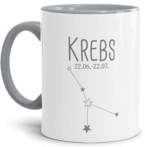 Tasse mit Sternzeichen Krebs - Sternbild Kaffeetasse mit Spruch - Geschenk zum Geburtstag, Horoskop, Astronomie - Keramik Innen & Henkel Grau, 300 ml | Krebs