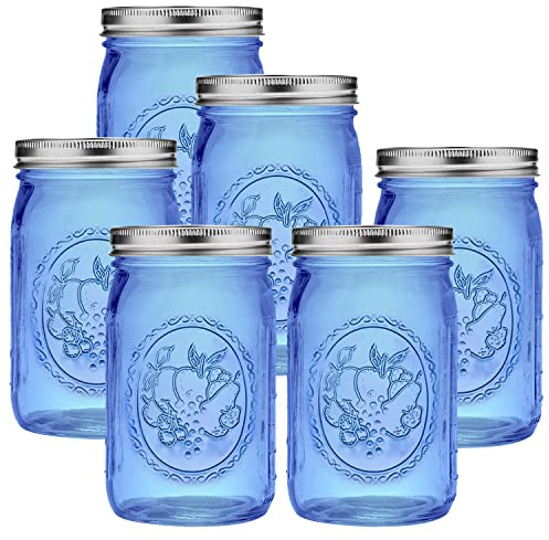 eleganttime Einmachgläser mit breiter Öffnung, 900 ml, 6 Stück, farbige Quart-Gläser mit luftdichtem Deckel, zum Einkochen, Einlegen, Aufbewahren, Basteln und Dekorieren, Blau