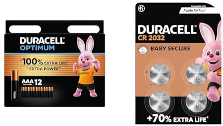 Duracell Optimum AAA Batteries (12 pack) - Alkaline Batteries 1.5V - Up To 100% Extra Life & CR2032 Lithium Coin Batteries 3V (4 Pack) - Up to 70% Extra Life*