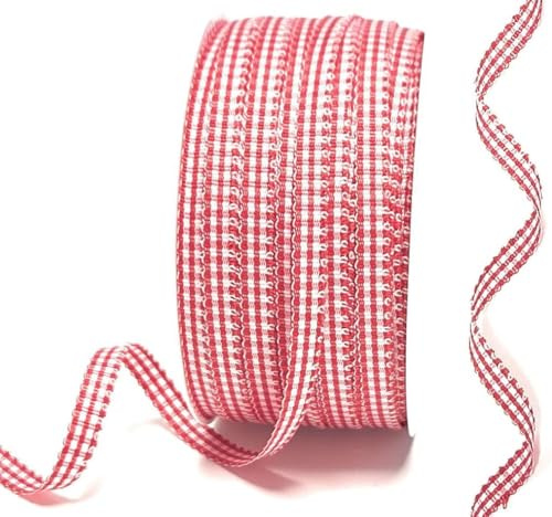 s.dekoda Schleifenband 50m x 6mm Rot - Weiß Karoband Vichykaro gewebtes Dekoband kariert