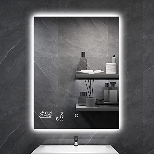 Byecold Badrumsspegel Med LED-Belysning 60 x 80 cm, Imfri Med Touchbrytare, Väggspegel Ljusspegel Smart, Väderstation, Vertikal