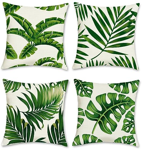 Bonhause Tropical Leaves Cushion Covers 40 x 40 cm Palm Leaf Plant Decorative Throw Pillow Covers Polyester Linen Green Pillowcases for Sofa Couch Bed Home Garden Outdoor Decor Set of 4