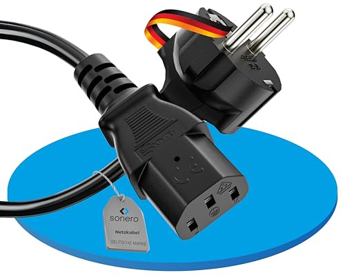 sonero Câble d'alimentation 3 Broches - 3 m - Contact de Protection - Fiche Secteur vers Prise C13 Femelle - Câble d'alimentation pour Moniteur et imprimante PC - Noir