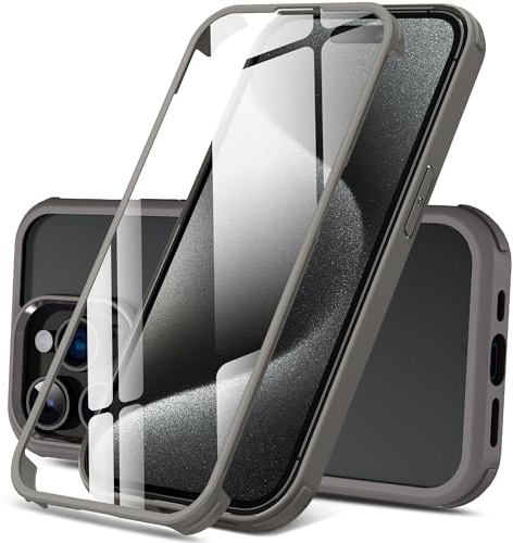 DOSNTO Doppelseitig Durchsichtig Hülle für iPhone 15 Pro Max (6.7''), 360 Grad Ganzkörper Stoßfeste Fallschutz Transparent Handyhülle Eingebauter Gehärtetem Glas Displayschutzfolie, Grau
