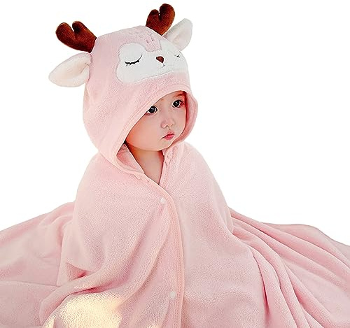 Asnewkit Babyhandtuch mit Kapuze, einzigartiges Tier-Design, Babyhandtuch mit Kapuze, weich, saugfähig, für Neugeborene, Jungen und Mädchen (L-Pink Rehkitz)