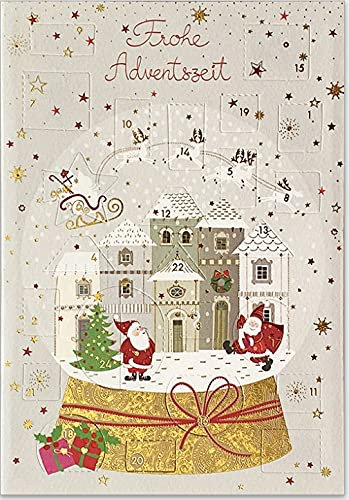 Kleiner hochwertiger Adventskalender mit 24 Bildern als doppelseitige Grußkarte zum Verschicken mit goldenem Umschlag, made in Germany (Schneekugel)