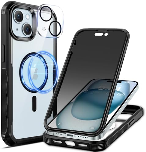 seacosmo för iPhone 15 Privacy Skal, Kompatibelt med Magsafe, Anti-Peep Inbyggt Sekretess Skärmglas och Linsskydd i Härdat Glas, 360 Grader Stötsäkert Mobilskal, Magnetiskt Fodral, Svart | Kompatibel med Magsafe, integrerad skärm i härdat glas, kameraskydd, 360° stötsäker hölje