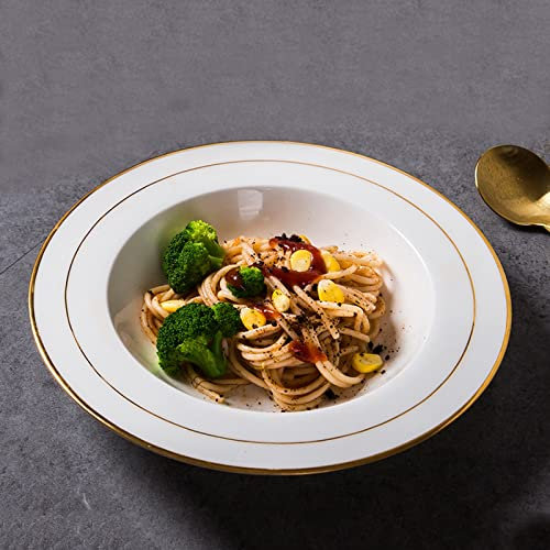 Assiette Plate En Porcelaine,Assiette Plate Blanche Avec Rebord Doré,Assiette Plate Ronde,Bol À Spaghettis, Assiette De Diner,Plat Profond,2 Pièces Assiette en porcelaine Assiette à dîner(20cm)