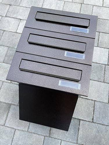 ALSTEN TECH 3er Dreifach Mauerdurchwurf Briefkasten für Mehrfamilienhaus oder Büro - Briefkastenanlage zum Einmauern für 3 Familienhaus 3fach mit Namensschild Braun Bronze Antik Einbaubriefkasten