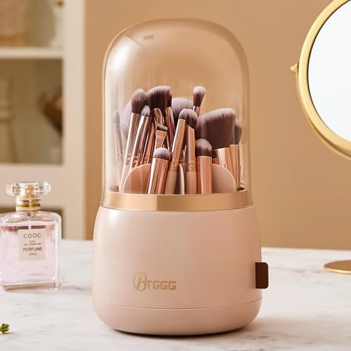 BTGGG Make Up Organizer 360° Drehbar, Staubdichter Kosmetik Pinsel Organizer mit Deckel, Schminktisch Pinselhalter Aufbewahrung mit 5 Fächern für Pinsel, Eyeliner, Augenbrauenstift, Lippenstift, Rosa