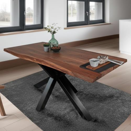 SAM Esstisch 180 x 90 cm Tim, Baumkantentisch nussbaumfarben, Akazienholz massiv, Spider-Gestell aus Metall Schwarz