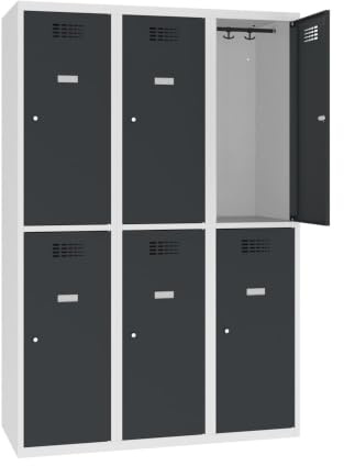 Steinbock Spind 6 Fächer | H180xB120xT50 cm | Anthrazit | Drehriegelverschluss für Vorhängeschloss | Metallspind inkl. Kleiderstange, Kleiderhaken, Namensschild | Schließfachschrank
