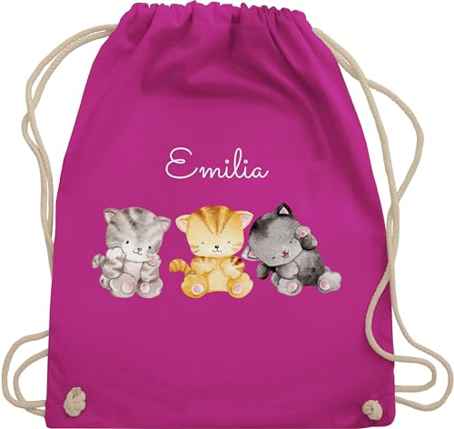 Turnbeutel Rucksack - Katze - Süße drei Katzen mit Name Katzenmotiv - Unisize - Fuchsia - stoffbeutel kindergarten cat katzenmotiven beutel tasche cats personalisierbar katzenliebhaberin