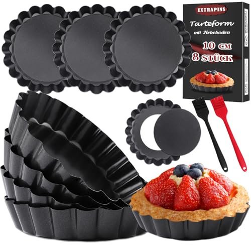 EXTRAPINS 8 Stück Tartelette Förmchen,Klein Tarteform mit Hebeboden,Antihaftbeschichtung Pie Form,Mini Rund Quicheform aus Kohlenstoffstahl,10 cm Törtchenform,Mini Backform für Pudding, Kuchen,Schwarz