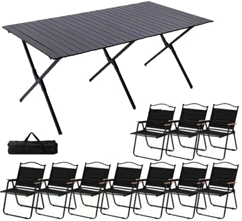 Tragbares Picknicktisch-Stühle-Set, zusammenklappbarer, aufrollbarer Camping-Beistelltisch aus Karbonstahl, zusammenklappbare Campingstühle, Leichter, zusammenklappbarer, kompakter Tisch für Terrass