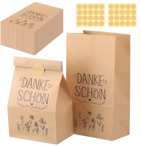 Yamitora 30 Dankeschön Geschenktüten, 13 x 24 cm Geschenk Kraftpapiertüten mit 40 Danke Aufkleber für Hochzeit, Gastgeschenke, Mitgebsel, Giveaways, Taufe, Konfirmation Kommunion