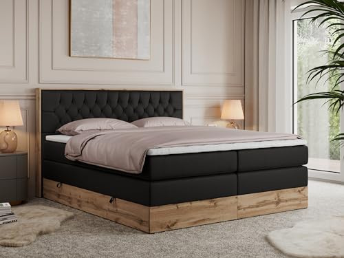 MKS MEBLE King Boxspringbett 180x200 mit Bettkasten und Kopfteil, Bonell Polsterbett mit Matratze H3 und Topper T25, Bett mit Holzrahmen in Wotan Eiche - Schwarz Kunstleder - Amore King