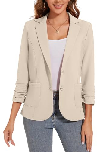 LADI TREND Lässiger Blazer für Damen, Knopfleiste, gerüscht, 3/4-Ärmel, Revers, Büro, Arbeit, leichter Blazer mit Taschen, Beige, XL