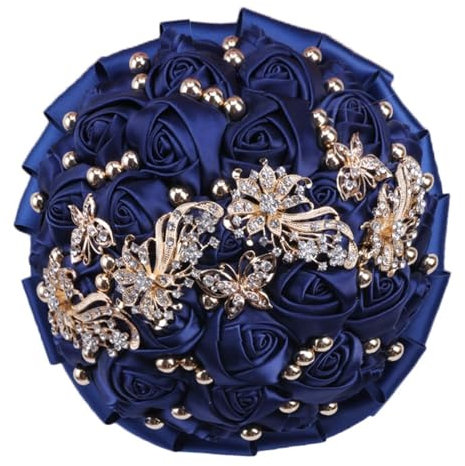 HDKAH Sage Bouquet Artificial Flowers For Bridal Bouquets And Bridesmaid Bouquets Wedding Flower Decorations, Navy Blue Gold Jewel, 4 Pack, 21 cm, Silk Plastic, Round, Elegant Formal, Bouquet