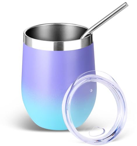 Volhoply bicchiere da vino in acciaio inossidabile da 12oz con coperchio e cannuccia, bicchieri da vino senza stelo da 350ml a doppia parete con isolamento sottovuoto, tazza da caffè da viaggio per